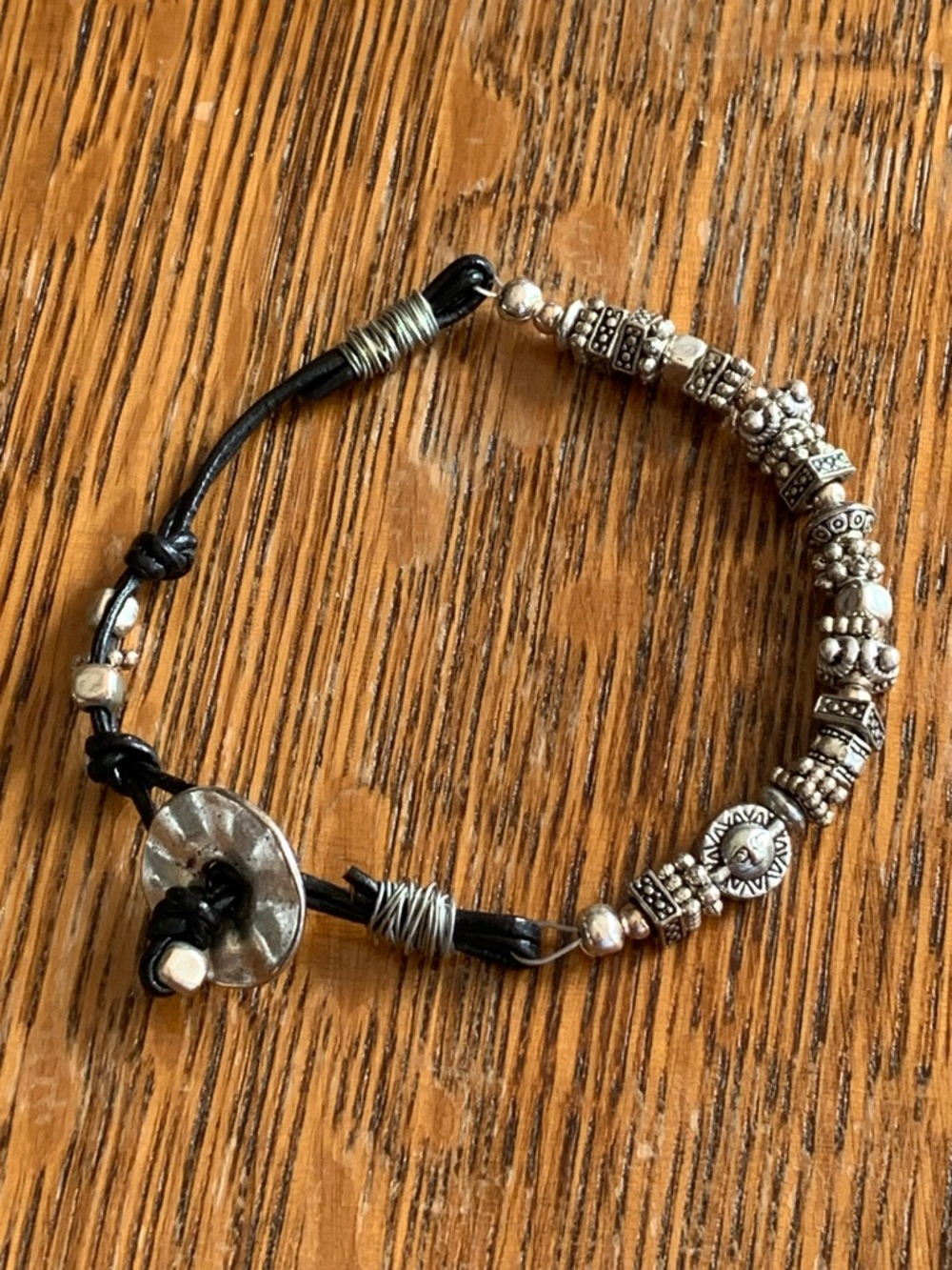 Black Leather Bracelet with Silver Beads